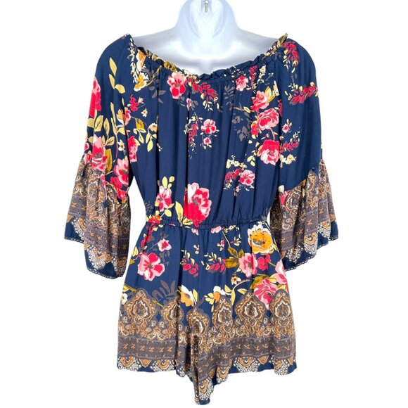Angie Floral Off-Shoulder Boho Bell Sleeve Romper Blue Multicolor Size Medium - Picture 7 of 10